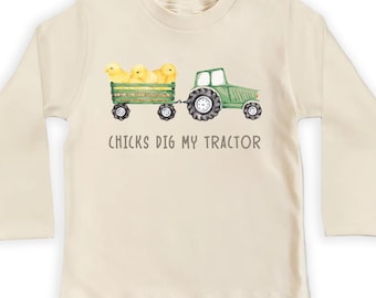 Boys Easter Baby Shirt, Baby Bodysuit, Toddler Sweatshirt - Chicks Dig My Tractor Easter Outfit, Funny Easter Farm Baby Gift for Kids