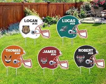 Personalized Football Helmet Yard Sign 24" x 18", Custom Name, Number, Logo Colors Outdoor Football Helmet Yard Signs with Metal Stakes