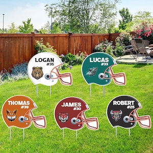 Personalized Football Helmet Yard Sign 24&quot; x 18&quot;, Custom Name, Number, Logo Colors Outdoor Football Helmet Yard Signs with Metal Stakes