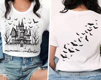 Vintage Haunted House Shirt, Retro Halloween Spooky House Tee, Bats Halloween Shirt, Unisex Spooky Season Shirt, Fall Shirt, Front Back