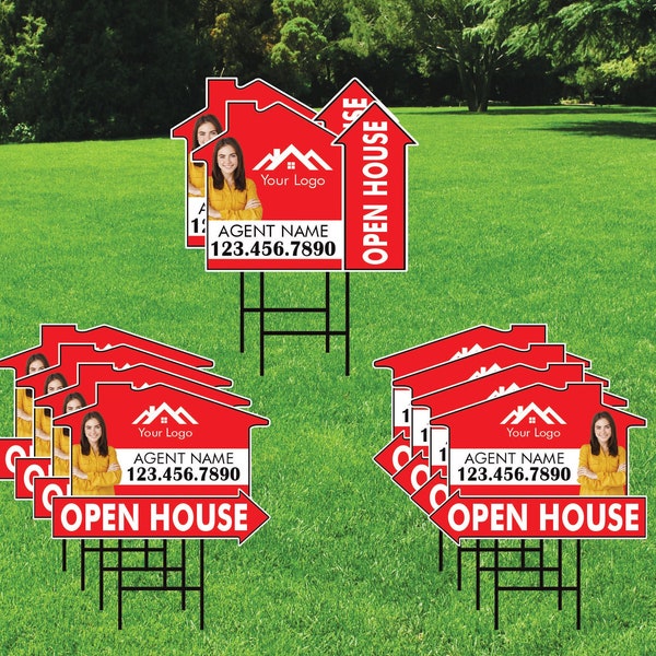 10 Pack Custom Open House Arrow Yard Sign 18" x 24", 2 Sided Add Your Text, Logo, Photo Personalized Directional Signs with Metal H-Stake