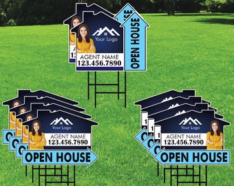 10 Pack Custom Open House Arrow Yard Sign 18" x 24", 2 Sided Add Your Text, Logo, Photo Personalized Directional Signs with Metal H-Stake