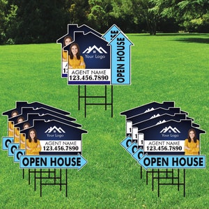 10 Pack Custom Open House Arrow Yard Sign 18" x 24", 2 Sided Add Your Text, Logo, Photo Personalized Directional Signs with Metal H-Stake