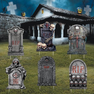 Halloween Tombstones Yard Sign Cutouts, RIP Graveyard Tombstones Outdoor Props, Spooky Headstone Cemetery Yard Decorations With Metal Stakes