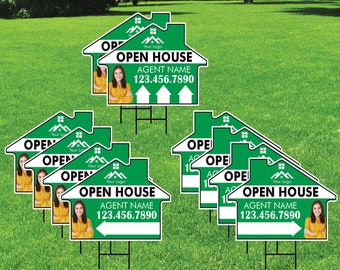 10 Pack Custom Open House Arrow Yard Sign 18" x 24", 2 Sided Add Your Text, Logo, Photo Personalized Directional Signs with Metal H-Stake