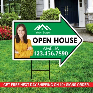 Custom Open House Arrow Yard Sign 18&quot; x 24&quot;, 2 Sided Add Your Text, Logo, Photo Personalized Open House Directional Signs with Metal H-Stake