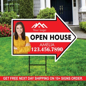 Custom Open House Arrow Yard Sign 18&quot; x 24&quot;, 2 Sided Add Your Text, Logo, Photo Personalized Open House Directional Signs with Metal H-Stake