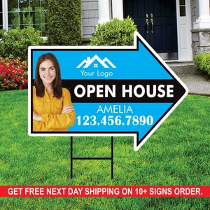 Custom Open House Arrow Yard Sign 18&quot; x 24&quot;, 2 Sided Add Your Text, Logo, Photo Personalized Open House Directional Signs with Metal H-Stake
