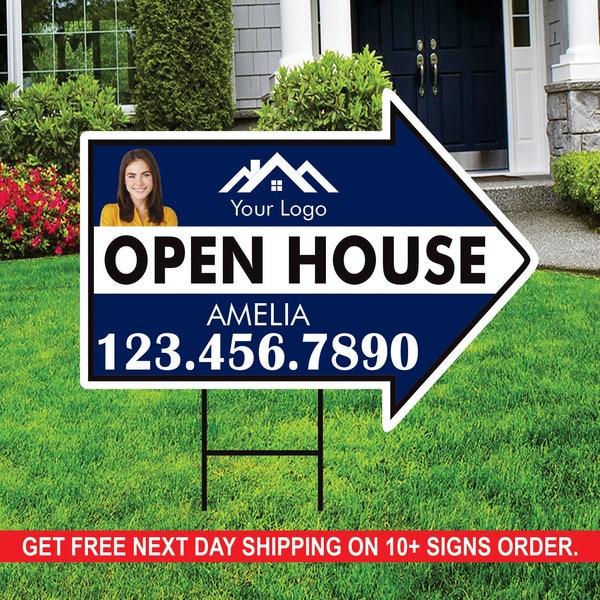 Custom Open House Arrow Yard Sign 18" x 24", 2 Sided Add Your Text, Logo, Photo Personalized Open House Directional Signs with Metal H-Stake