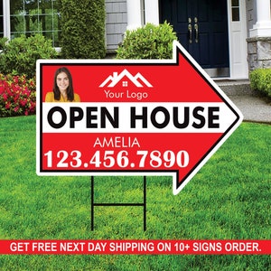 Custom Open House Arrow Yard Sign 18&quot; x 24&quot;, 2 Sided Add Your Text, Logo, Photo Personalized Open House Directional Signs with Metal H-Stake