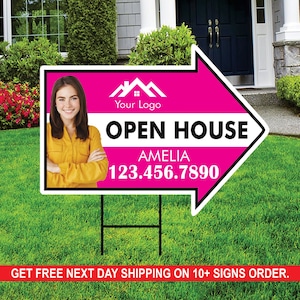 Custom Open House Arrow Yard Sign 18&quot; x 24&quot;, 2 Sided Add Your Text, Logo, Photo Personalized Open House Directional Signs with Metal H-Stake