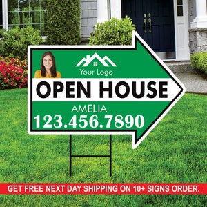 Custom Open House Arrow Yard Sign 18&quot; x 24&quot;, 2 Sided Add Your Text, Logo, Photo Personalized Open House Directional Signs with Metal H-Stake
