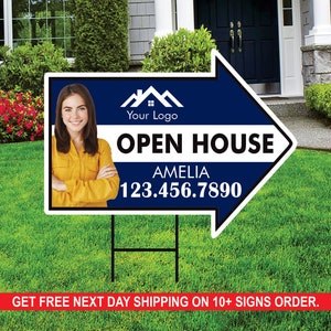 Custom Open House Arrow Yard Sign 18&quot; x 24&quot;, 2 Sided Add Your Text, Logo, Photo Personalized Open House Directional Signs with Metal H-Stake