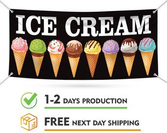 Ice Cream Banner Sign - 13 oz Heavy Duty Waterproof Ice Cream Vinyl Banner for Business with Metal Grommets