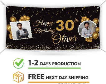 Birthday Personalized Banner With Photo, 13 Oz Gold Party Decoration, Custom 18th 20th 30th 40th 50th Birthday Banner With Metal Grommets