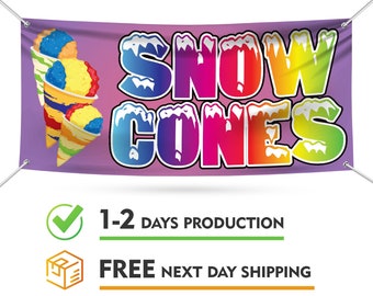 Snow Cones Banner Sign - 13 oz Heavy Duty Waterproof Snow Cones Vinyl Banner for Business with Metal Grommets