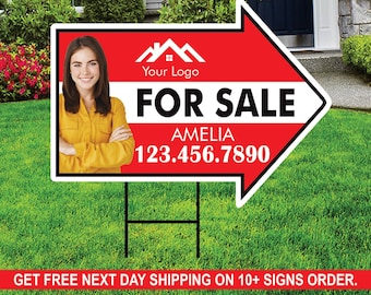 Custom For Sale Arrow Yard Sign 18" x 24", 2 Sided Add Your Text, Logo, Photo Personalized For Sale Directional Signs with Metal H-Stake