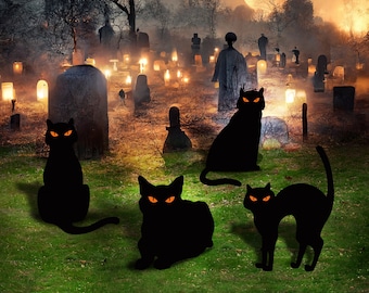 4ct Black Cat Silhouette Yard Sign Cutouts, Halloween Decorations Theme Party Props, Cutouts, Standees, Yard Cards With Metal Stakes