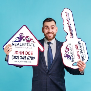 2 Pack Personalized Real Estate Marketing Closing Signs, Customized Realtor Social Media Photo Props, Realtor Key, Custom House Shaped Sign