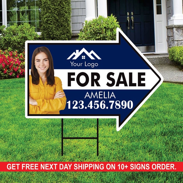 Custom For Sale Arrow Yard Sign 18" x 24", 2 Sided Add Your Text, Logo, Photo Personalized For Sale Directional Signs with Metal H-Stake
