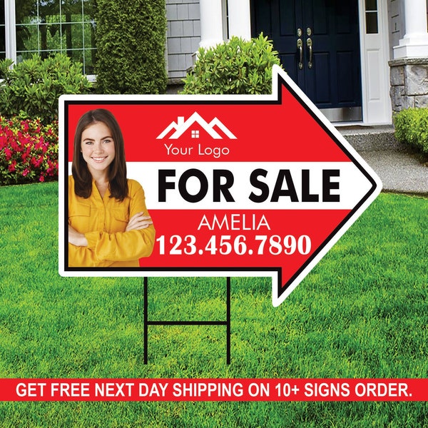 Custom For Sale Arrow Yard Sign 18" x 24", 2 Sided Add Your Text, Logo, Photo Personalized For Sale Directional Signs with Metal H-Stake