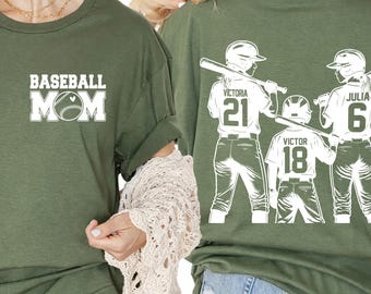 Camiseta personalizada para mamás beisboleras, camiseta gráfica de jugador de béisbol, camiseta con tu nombre y número, camiseta personalizada con el nombre del equipo de béisbol, regalos para mamás, parte delantera y trasera