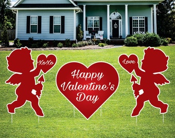 Valentines Day Yard Sign Cutouts, Valentines Theme Decorations Cupid and Heart Props, Conversation Hearts Yard Signs With Metal Stakes