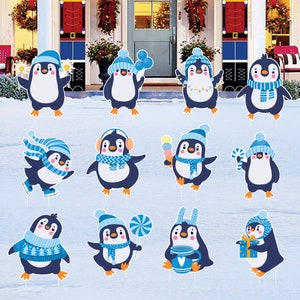 Christmas Penguins Yard Signs - Merry Christmas Props Yard Stakes for Christmas Holiday Winter Decorations Outdoor with Metal Stakes