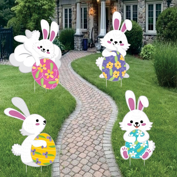 Happy Easter Yard Sign Cutout - Bunnies with Eggs Yard Decorations for Happy Easter Yard Signs Party Lawn Decorations With Metal Stakes