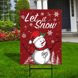 Let It Snow Christmas Yard Sign, Christmas Snowman Snowflake Winter Decoration Holiday Christmas Yard Sign Outdoor Decor with Metal H-Stake