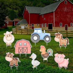 Farm Animal Party Yard Sign Cutouts, Farm Animal Birthday Party Decorations Outdoor Props, Barnyard Party Yard Signs With Metal Stakes