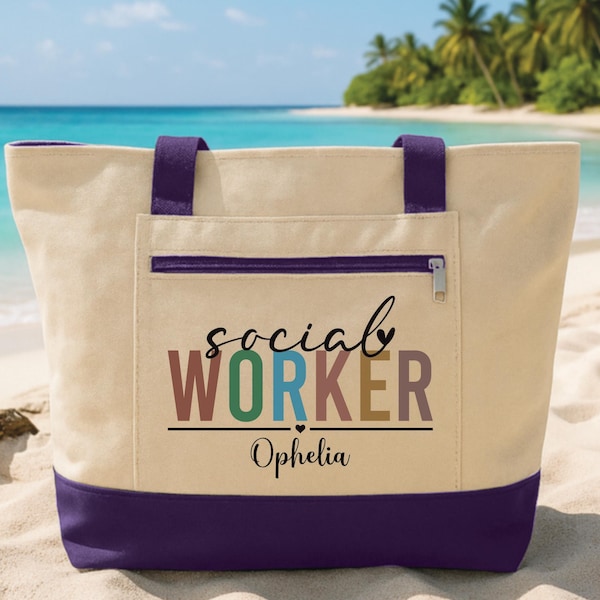 Personalized Social Worker Zipper Tote Bag, Custom Name Social Work Tote, Canvas Zipper Bag, Appreciation Gift for Social Worker