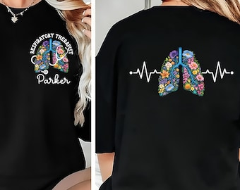 Chemise d'inhalothérapeute, chemise de thérapeute nom personnalisé, t-shirt floral poumons, chemise RT Heartbeat, chemise médicale personnalisée, recto verso