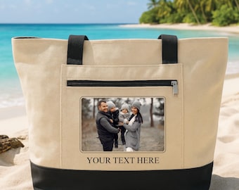 Personalized Photo Tote Bag with Zipper, Custom Picture Canvas Tote, Family Photo Bag, Photo Gift for Mom Dad, Beach Travel Tote