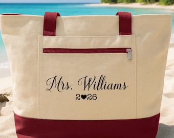 Custom Bride Tote Bag with Zipper, Personalized Mrs Name Wedding 2026, Future Mrs Canvas Bag, Bridal Shower Gift, Bachelorette Beach Bag