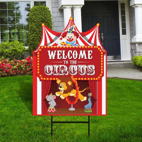 Circus Yard Sign Cutout, Coroplast Carnival Themed Party Decorations, Welcome To The Circus Yard Sign with Metal H-Stake