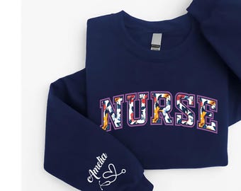 Custom Nurse Sweatshirt, Floral Nurse Shirt, RN Nursing Long Sleeve Tee, Nurse Graduation Hoodie, Nurse Appreciation Gift, Healthcare Worker