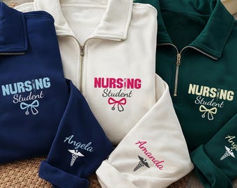 Personalized Nursing Student Embroidered Quarter Zip Sweatshirt, Custom Sleeve Name, Scrub Layering Top, Bow Stethoscope, New Nurse Gift
