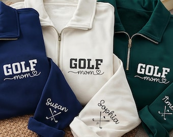 Sudadera con cremallera de un cuarto bordada para mamá golfista, sudadera con nombre personalizado en la manga, sudadera de club de campo, conjunto deportivo para mamá, regalo para amante del golf