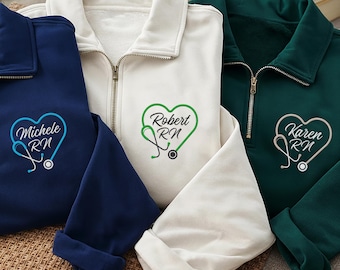 Medical Heart Stethoscope Embroidered Quarter Zip Sweatshirt, Custom Nurse Pullover, RN CNA LPN Gift, Healthcare Worker Apparel
