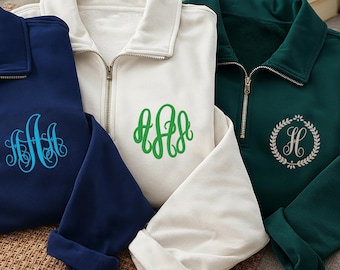 Monogram Embroidered Quarter Zip Sweatshirt, Personalized Monogrammed Pullover, Custom Initials Gift for Her, Stylish Zip Up