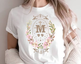 Marian Catholic T-Shirt, Marian Cross Shirt For Women, Floral Religious Shirt, Unisex Virgin Mary Shirt, Marian Shirt, Catholic Friend Gift