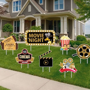 Movie Night Party Yard Sign Decorations, Movie Tickets Film Reel Decorating Cutouts For Movie Night Party Yard Signs Decor with Metal Stakes