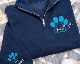 Vet Tech Paw Stethoscope Embroidered Quarter Zip Sweatshirt, Personalized Veterinarian Monogram Pullover, Animal Rescue Gift