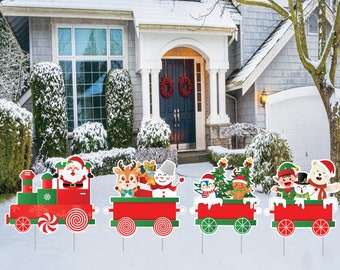 Christmas Train Yard Sign Cutouts, Xmas Tree Santa Gingerbread Snowman Train Props, Christmas Train Yard Signs Decorations With Metal Stakes