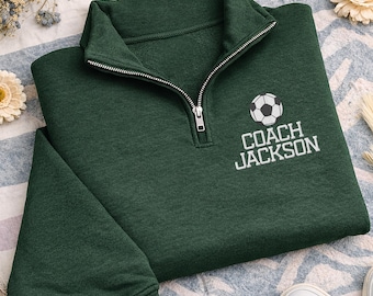 Sudadera con cremallera de un cuarto bordada para entrenador de fútbol, sudadera personalizada con el nombre del equipo, regalo personalizado para entrenador de fútbol, ropa deportiva para entrenadores.