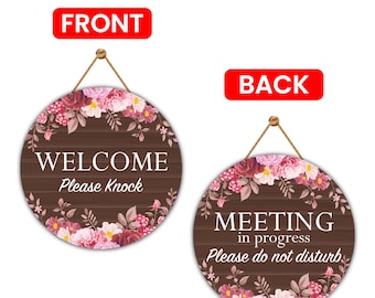 Meeting Do Not Disturb Door Sign 12", Double Sided Easy to Mount PVC Welcome Please Knock Hanging Sign, In a Meeting Sign for Office, Hotels