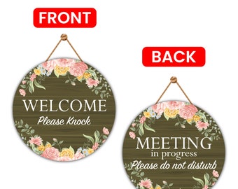 Meeting Do Not Disturb Door Sign 12", Double Sided Easy to Mount PVC Welcome Please Knock Hanging Sign, In a Meeting Sign for Office, Hotels