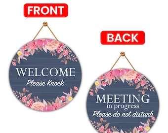 Meeting Do Not Disturb Door Sign 12", Double Sided Easy to Mount PVC Welcome Please Knock Hanging Sign, In a Meeting Sign for Office, Hotels