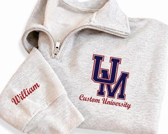 Personalized College Embroidered Quarter Zip Sweatshirt, Custom University Logo Pullover, Graduation Gift College Student Apparel